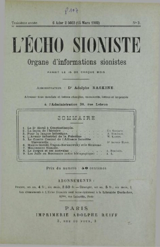 L'Echo Sioniste. Vol. 3 n° 3 (15 mars 1902)